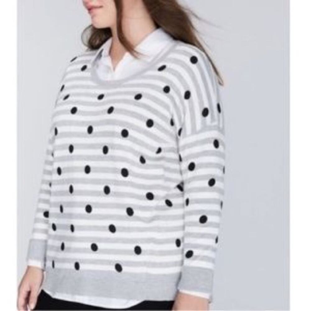 LANE BRYANT • Gray + White Stripe Polkadot Scoop Neck Knit Sweater
